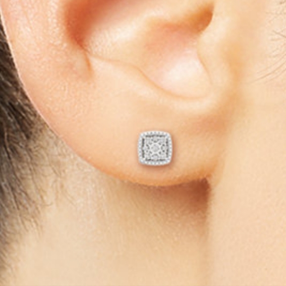 Diamond Cushion Cluster Stud Earrings 1/10 ct Sterling Silver - Picture 3 of 7